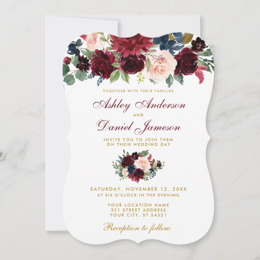 Elegant Burgundy Blue Waterverf Floral Wedding W Kaart (Voorkant)