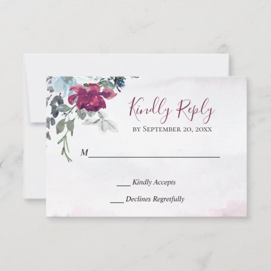 Elegant Burgundy Blue White Roses Wedding RSVP Kaartje (Voorkant)