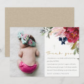 Elegant Burgundy Blush Blue Floral Photo Baptisme Bedankkaart (Voorkant / Achterkant)