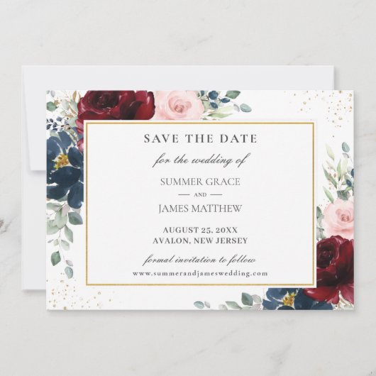 Elegant Burgundy Blush Blue Floral Rozen Weddensch Save The Date (Voorkant)