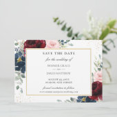 Elegant Burgundy Blush Blue Floral Rozen Weddensch Save The Date (Staand voorkant)