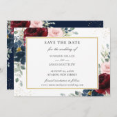 Elegant Burgundy Blush Blue Floral Rozen Weddensch Save The Date (Voorkant / Achterkant)