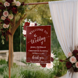 Elegant Burgundy Blush Boho Roses Wedding Welcome Acryl Bord