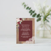 Elegant Burgundy Blush Botanical Lace Wood Details Informatiekaartje (Staand voorkant)