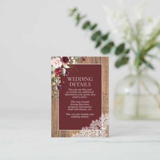 Elegant Burgundy Blush Botanical Lace Wood Details Informatiekaartje (Staand voorkant)