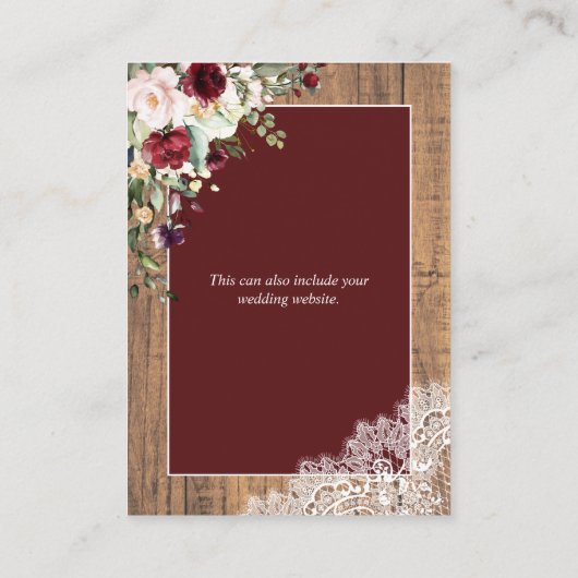 Elegant Burgundy Blush Botanical Lace Wood Details Informatiekaartje (Achterkant)