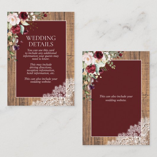 Elegant Burgundy Blush Botanical Lace Wood Details Informatiekaartje (Voorkant / Achterkant)