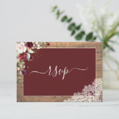 Elegant Burgundy Blush Botanical Lace Wood RSVP (Staand voorkant)