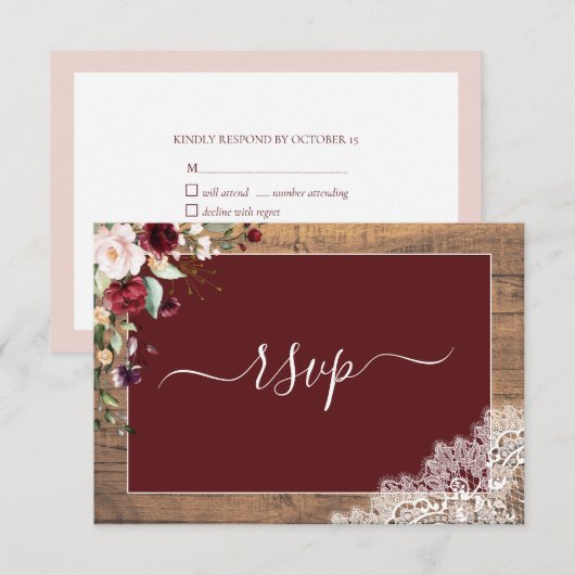 Elegant Burgundy Blush Botanical Lace Wood RSVP (Voorkant / Achterkant)