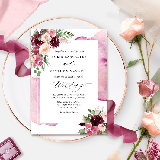 Elegant Burgundy Blush en Berry Floral Wedding Kaart