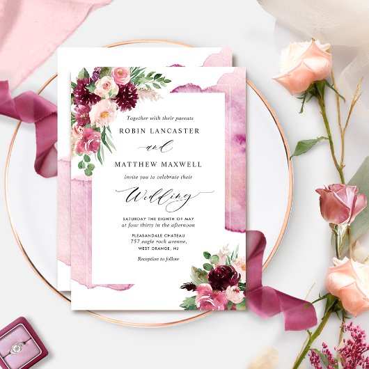 Elegant Burgundy Blush en Berry Floral Wedding Kaart