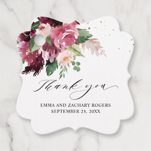 Elegant Burgundy Blush en Pink Weddenschap Harteli Bedankjes Labels (Voorkant)