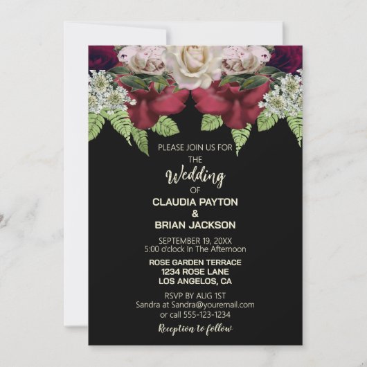 Elegant Burgundy Blush Floral Black Wedding Kaart (Voorkant)