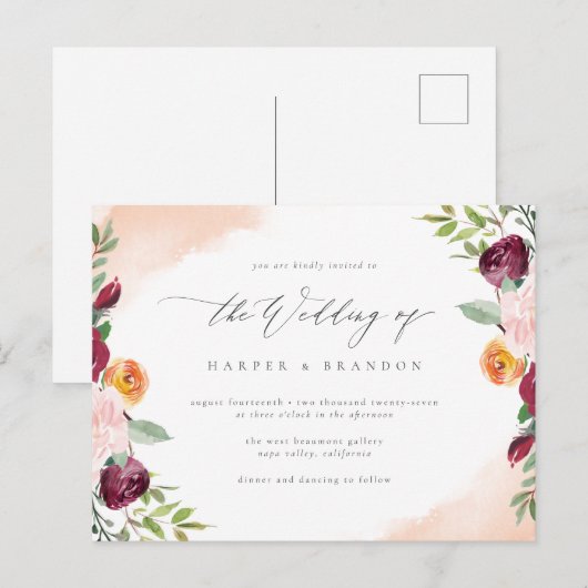 Elegant Burgundy Blush Floral Botanical Wedding Uitnodiging Briefkaart (Voorkant / Achterkant)