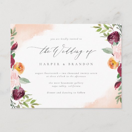 Elegant Burgundy Blush Floral Botanical Wedding Uitnodiging Briefkaart (Voorkant)