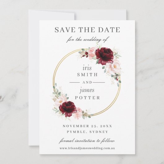Elegant Burgundy Blush Floral Circle Gold Wedding Save The Date (Voorkant)