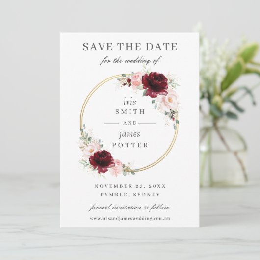 Elegant Burgundy Blush Floral Circle Gold Wedding Save The Date (Staand voorkant)