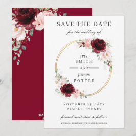 Elegant Burgundy Blush Floral Circle Gold Wedding Save The Date