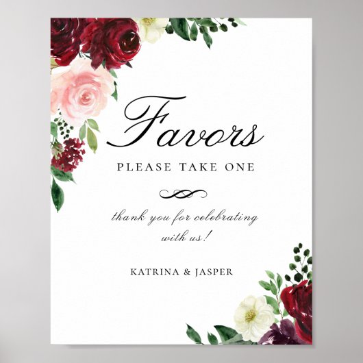 Elegant Burgundy Blush Floral Favor Wedding Sign Poster (Voorkant)