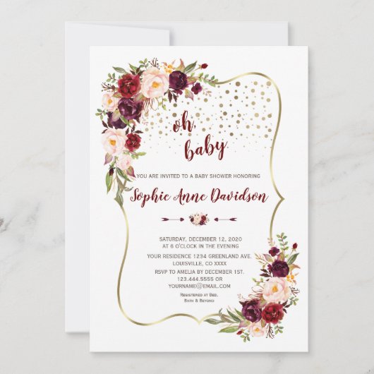 Elegant Burgundy Blush Floral Gold Baby shower Kaart (Voorkant)