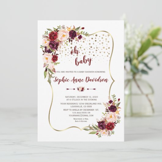 Elegant Burgundy Blush Floral Gold Baby shower Kaart (Staand voorkant)