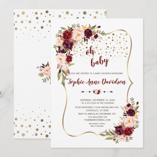 Elegant Burgundy Blush Floral Gold Baby shower Kaart (Voorkant / Achterkant)