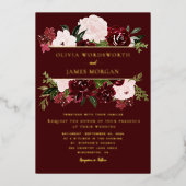 Elegant Burgundy Blush Floral Gold Foil Weddenscha Folie Uitnodiging (Voorkant)