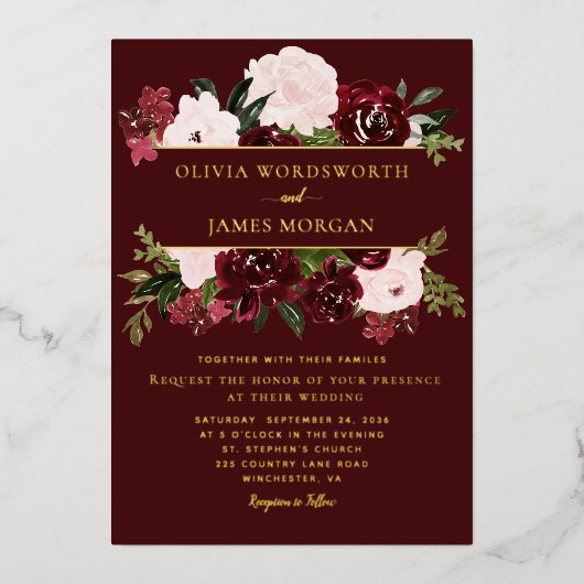 Elegant Burgundy Blush Floral Gold Foil Weddenscha Folie Uitnodiging (Voorkant)