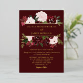 Elegant Burgundy Blush Floral Gold Foil Weddenscha Folie Uitnodiging (Staand Voorkant)
