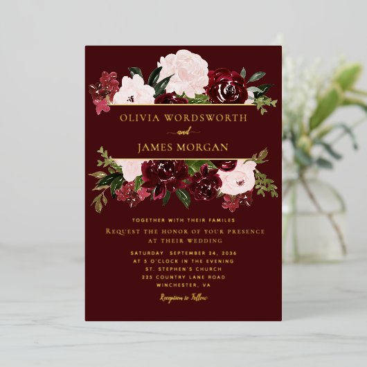 Elegant Burgundy Blush Floral Gold Foil Weddenscha Folie Uitnodiging (Staand Voorkant)