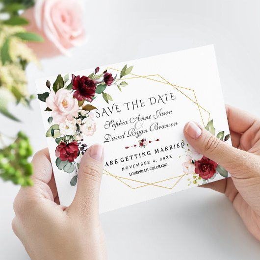 Elegant Burgundy Blush Floral Gold Lijst Wedding Save The Date
