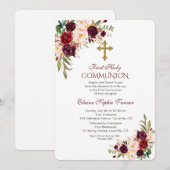 Elegant Burgundy Blush Floral Heilige Communie Kaart (Voorkant / Achterkant)