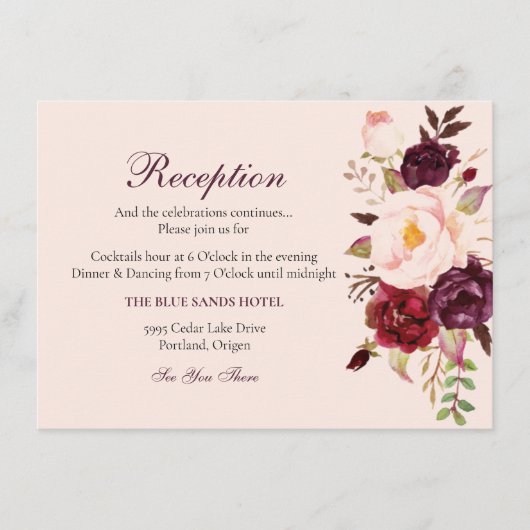 Elegant Burgundy & Blush Floral Reception Enclosur Informatiekaartje (Voorkant)