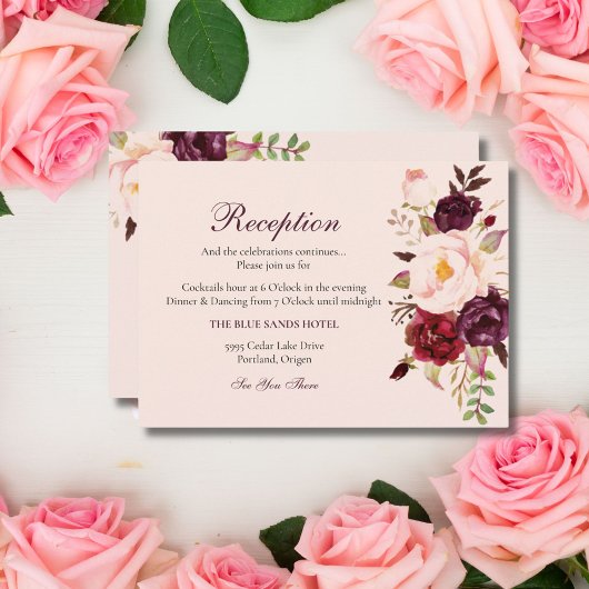 Elegant Burgundy & Blush Floral Reception Enclosur Informatiekaartje