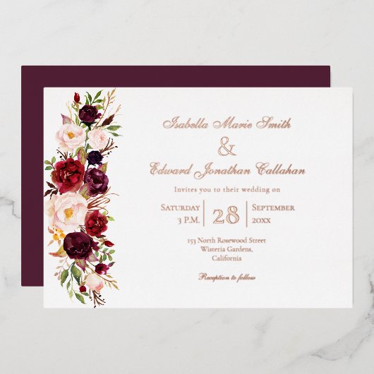Elegant Burgundy & Blush Floral Roos Gold Folie Uitnodiging (Voorkant / Achterkant)