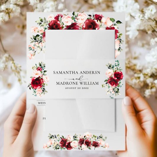 Elegant Burgundy Blush Floral Roses Wedding Uitnodigingen Wikkel