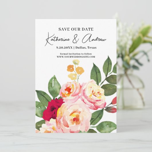 Elegant Burgundy Blush Floral Save the Date Kaart (Staand voorkant)