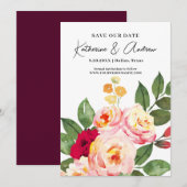 Elegant Burgundy Blush Floral Save the Date Kaart (Voorkant / Achterkant)