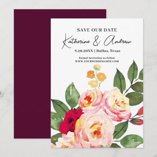 Elegant Burgundy Blush Floral Save the Date Kaart (Voorkant / Achterkant)