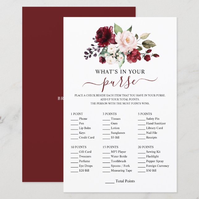 Elegant Burgundy Blush Floral Shower Game (Voorkant / Achterkant)