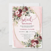 Elegant Burgundy Blush Floral Sweet Sixteen Invite Kaart (Voorkant)