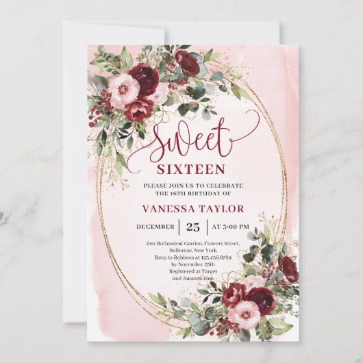 Elegant Burgundy Blush Floral Sweet Sixteen Invite Kaart (Voorkant)