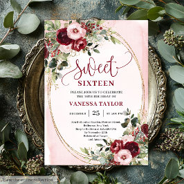 Elegant Burgundy Blush Floral Sweet Sixteen Invite Kaart