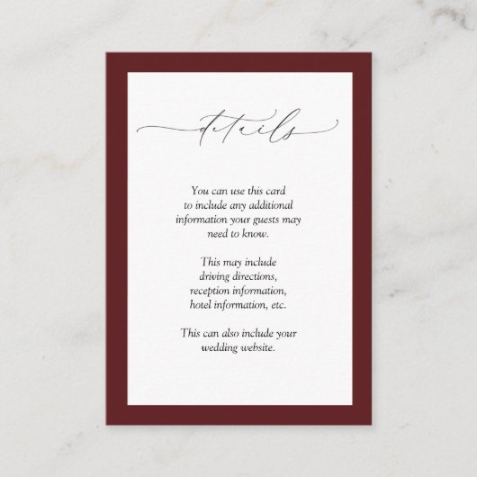 Elegant Burgundy Blush Floral Wedding Details Informatiekaartje (Voorkant)