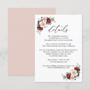 Elegant Burgundy Blush Floral Wedding Details Informatiekaartje