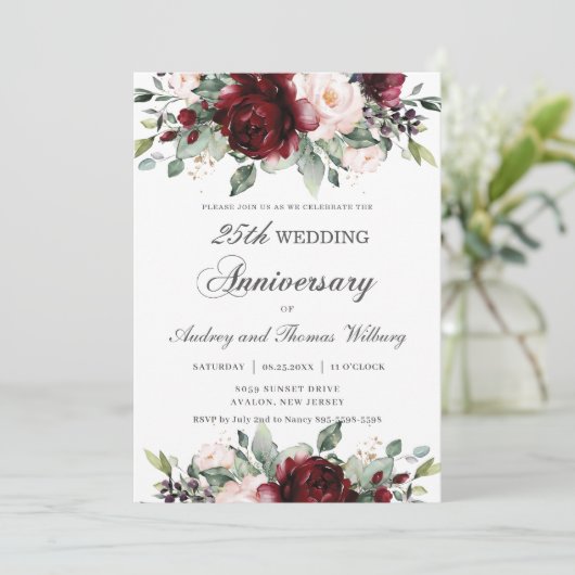 Elegant Burgundy Blush Floral Wedding Jubileum Kaart (Staand voorkant)