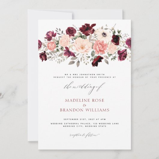 Elegant Burgundy Blush Floral Wedding Kaart (Voorkant)