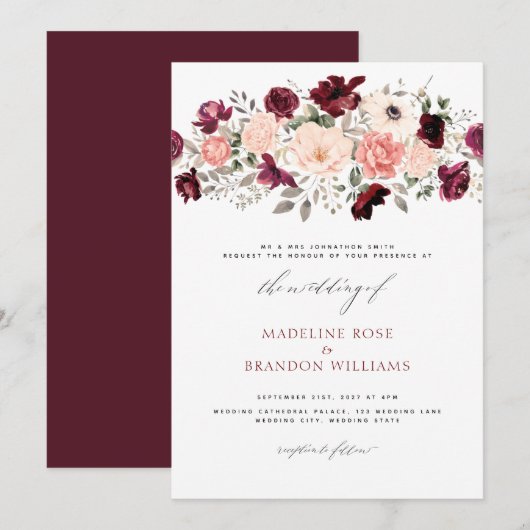 Elegant Burgundy Blush Floral Wedding Kaart (Voorkant / Achterkant)