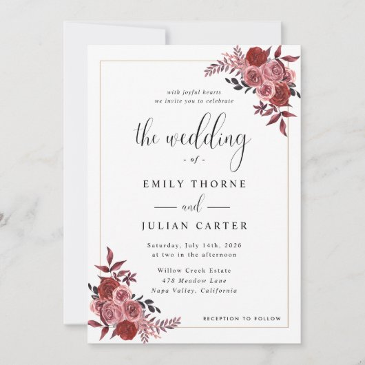 Elegant Burgundy Blush Floral Wedding Kaart (Voorkant)