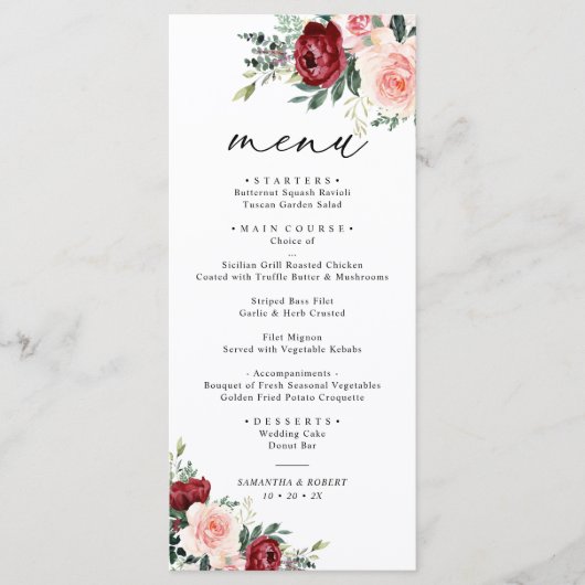 Elegant Burgundy Blush Floral Wedding Menu (Voorkant)